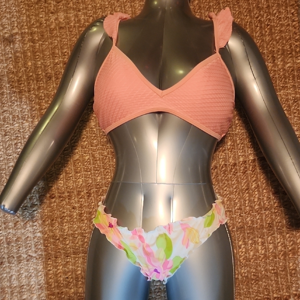 Chic Coral Flutter Strap Bikini Top with VS Ruffled Floral Bottom Whimsical